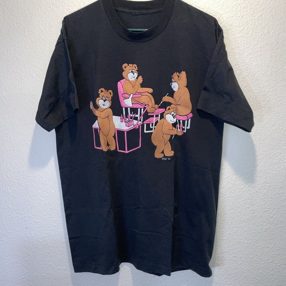 Vintage Black Tshirt Featuring Cartoon Bears In A Nail Salon